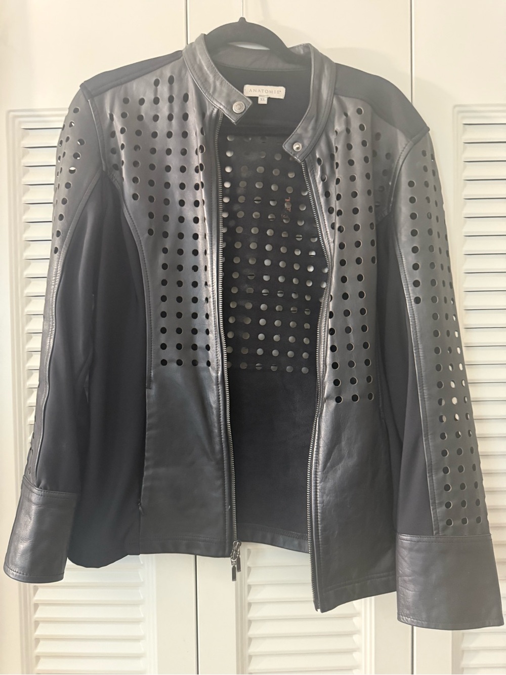 Anatomie Black Perforated Leather Jacket with Stand Collar
